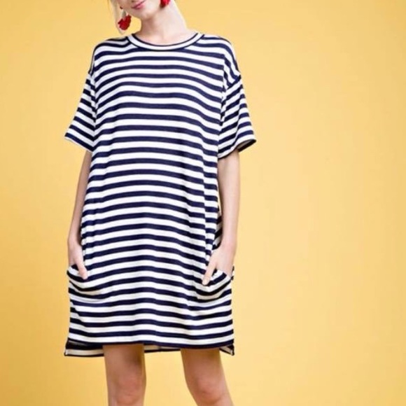 SALE NWT Terry Knit Navy Striped Dress - Picture 1 of 4